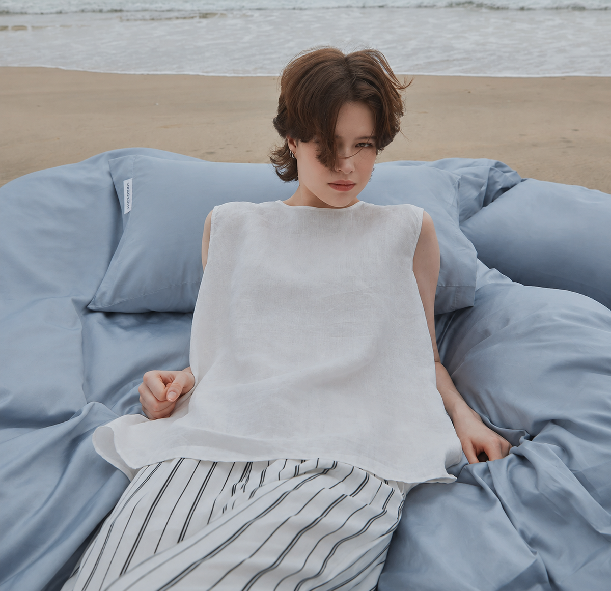 Lake Mist Blue Double-Yarn Cotton Bedding Set