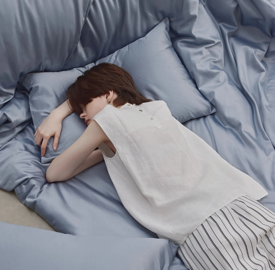 Lake Mist Blue Double-Yarn Cotton Bedding Set